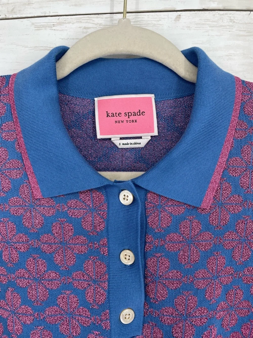 Kate Spade New York Blue & Pink Floral Jacquard Knit Polo Sweater Size Small